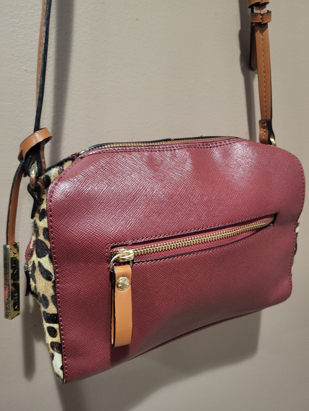 Kate Landry Burgundy Crossbody with Leopard Accent and Tan Trim